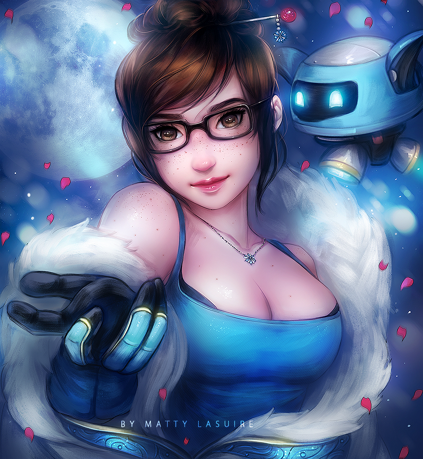 1girl, artist_name, black-framed_eyewear, black_hair, blue_gloves, blue_shirt, body_freckles, bra