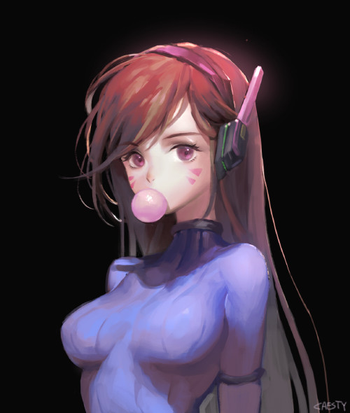 1girl, arms_at_sides, artist_name, bangs, black_background, blue_bodysuit, bodysuit, breasts, breasts_apart, brown_hair, bubble_blowing, caesty, chewing_gum, d.va_(overwatch), facepaint, facial_mark, headphones, medium_breasts, overwatch, pilot_suit, ribbed_bodysuit, simple_background, skin_tight, solo, swept_bangs, turtleneck, upper_body, violet_eyes, whisker_markings