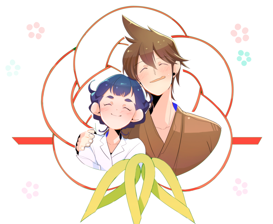 1boy, 1girl, blue_hair, blush, brown_hair, buebue, closed_eyes, couple