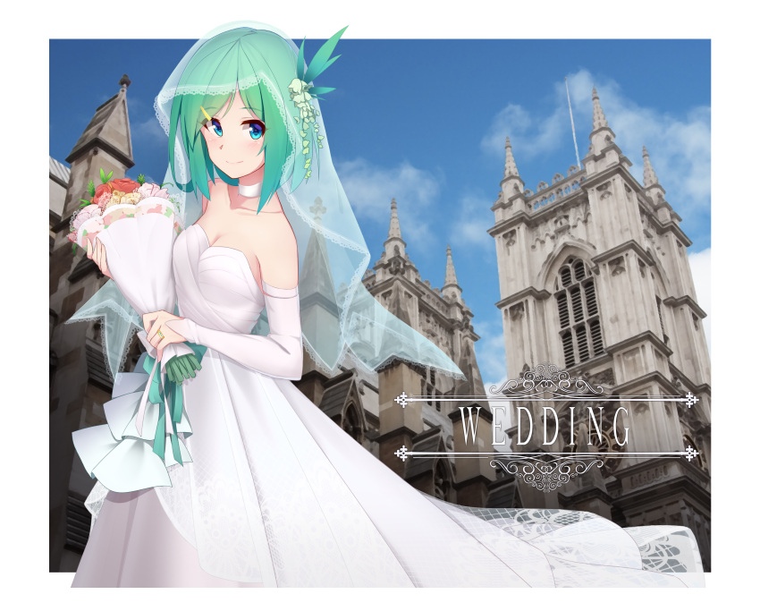 1girl, absurdres, arnold-s, blue_eyes, blush, bouquet, breasts, bridal_gauntlets