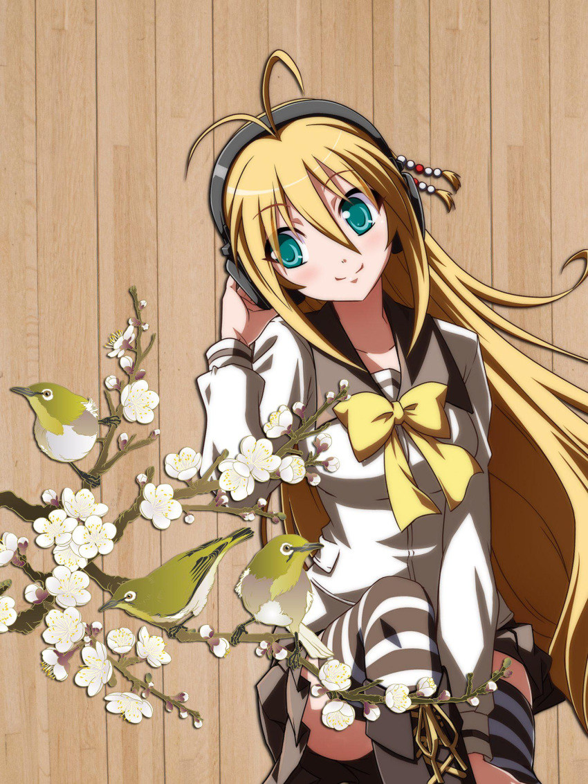 1girl, _hair, antenna_hair, bird, blonde_hair, blush, bow, bowtie