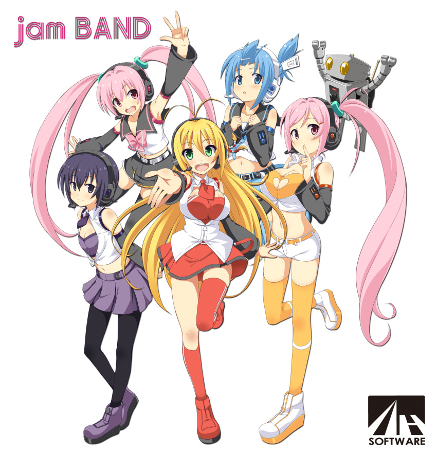 5girls, :d, amane_kana, antenna_hair, arm_up, black_hair, black_legwear, black_necktie