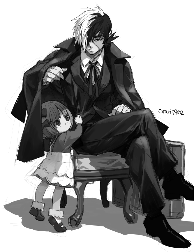 1boy, 1girl, black_jack_(character), black_jack_(series), bow, child, cloak, closed_mouth