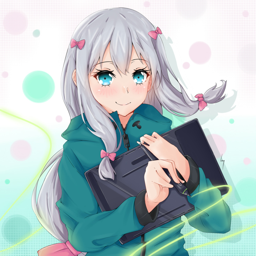 1girl, bangs, blue_eyes, blush, bow, closed_mouth, drawing, eromanga_sensei