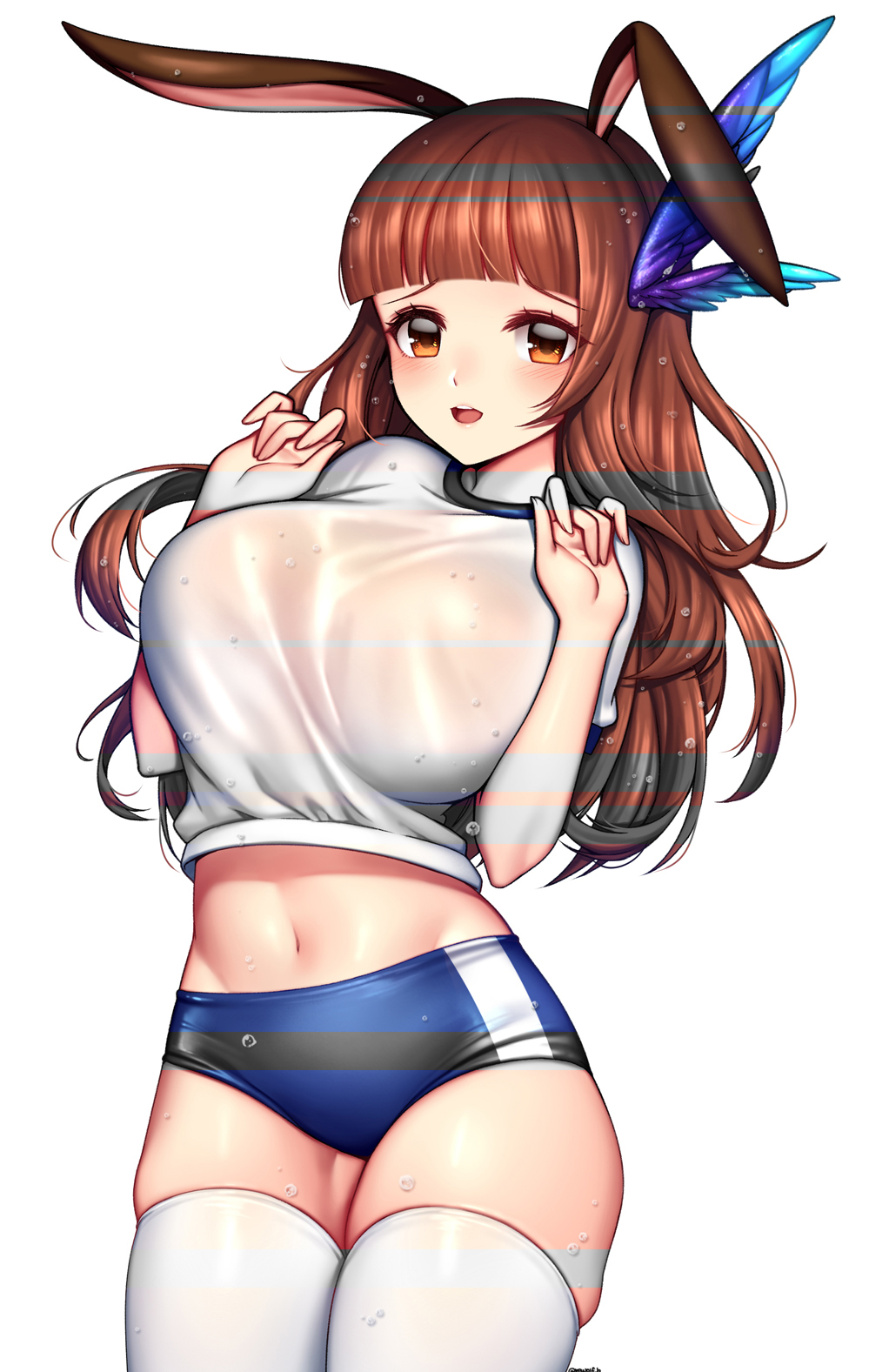 1girl, animal_ears, bangs, blade_&amp;_soul, blue_shorts, blunt_bangs, blush, breasts