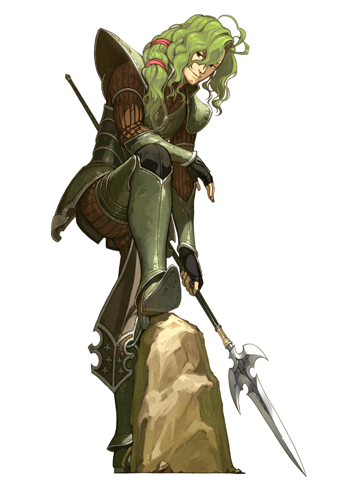 1boy, armor, armored_boots, beard, boots, curly_hair, facial_hair, fingerless_gloves, fire_emblem, fire_emblem_cipher, fire_emblem_echoes:_mou_hitori_no_eiyuuou, full_body, gloves, green_eyes, hidari_(left_side), lando_(fire_emblem), long_hair, low_ponytail, male_focus, official_art, polearm, rock, solo, spear, transparent_background, weapon