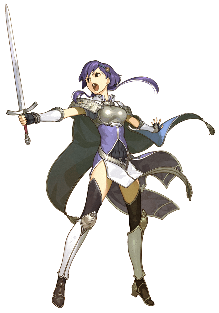 1girl, armor, armored_boots, bare_shoulders, bell, black_eyes, boots, breastplate, cape, fingerless_gloves, fire_emblem, fire_emblem_cipher, fire_emblem_echoes:_mou_hitori_no_eiyuuou, gloves, hidari_(left_side), long_hair, open_mouth, purple_hair, solo, sword, teeth, thigh-highs, transparent_background, weapon, yuzu_(fire_emblem)