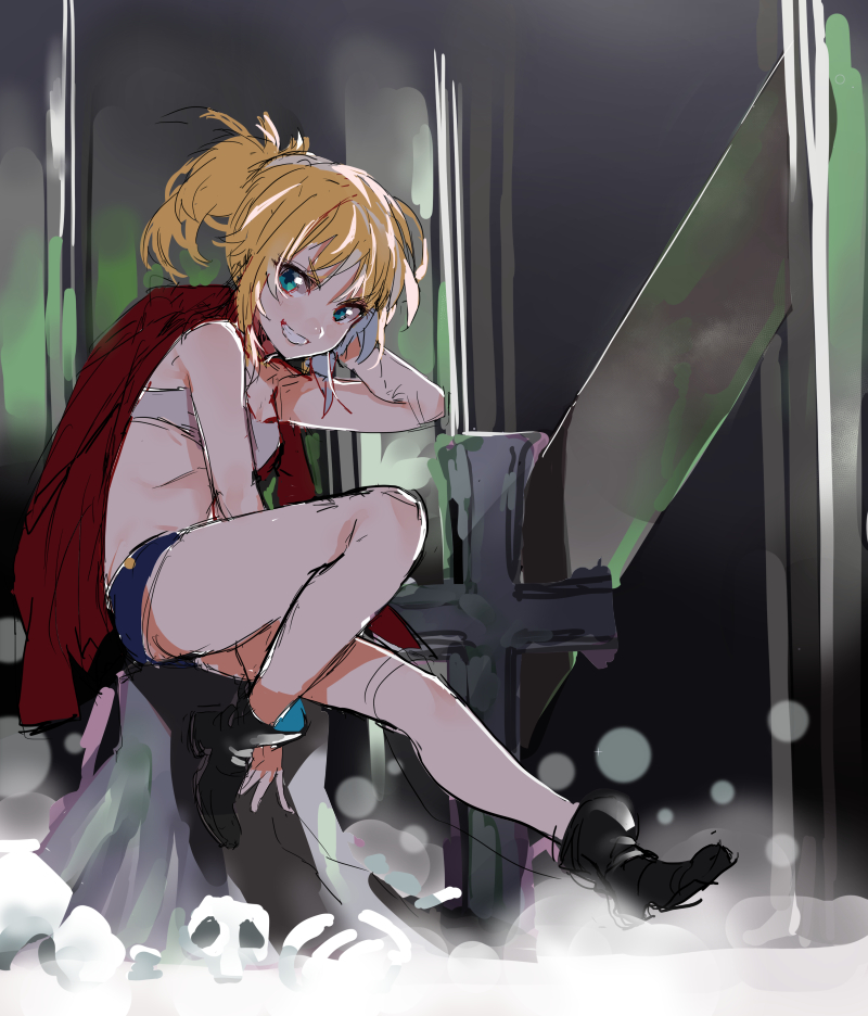 1girl, bangs, black_boots, blonde_hair, blue_eyes, boots, fate/apocrypha, fate_(series)