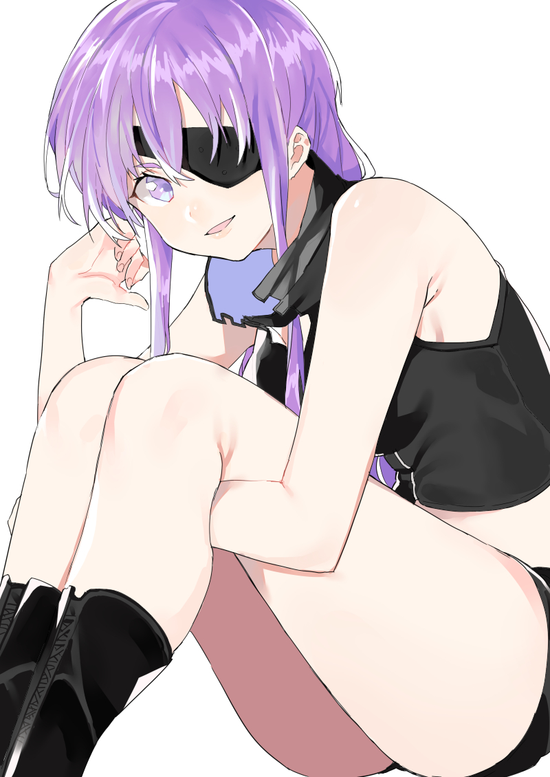 1girl, bangs, black_boots, boots, eyepatch, leg_hug, legs_together, long_hair, looking_at_viewer, mirai_nikki, nesume, parted_lips, purple_hair, simple_background, sitting, solo, thighs, uryuu_minene, violet_eyes, white_background