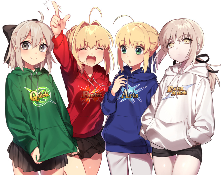 4girls, :d, :o, ^_^, ahoge, arts_shirt, black_skirt, blonde_hair