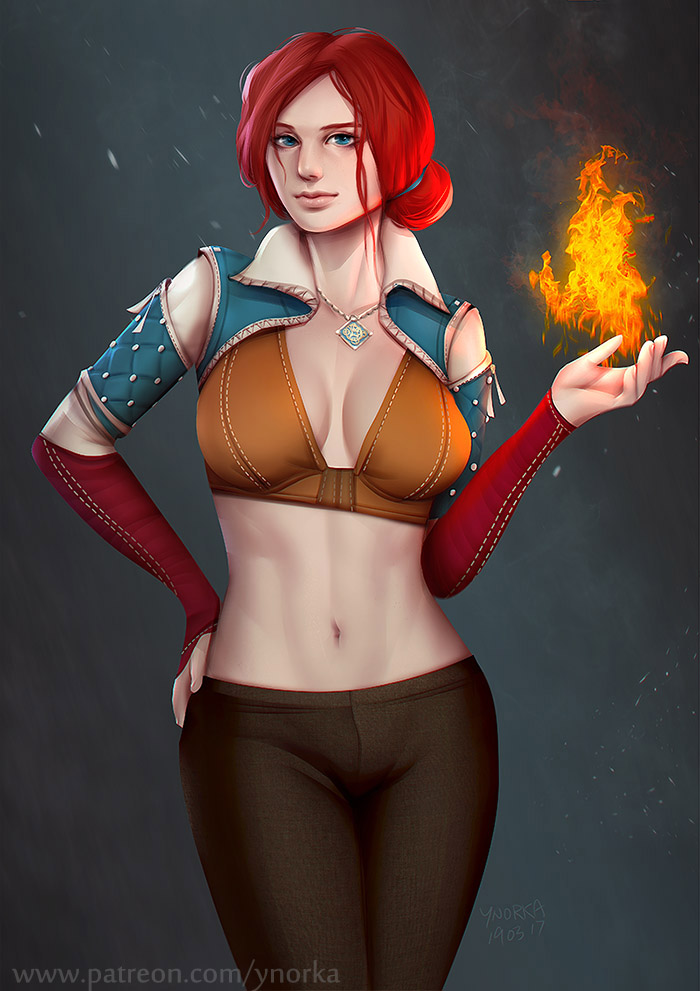 1girl, blue_eyes, breasts, elbow_gloves, fire, gloves, hair_bun, hand_on_hip