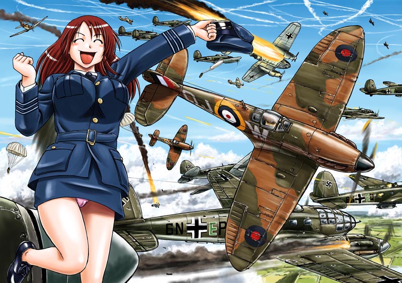 1girl, aerial_battle, aircraft, airplane, balkenkreuz, battle, breasts, clouds