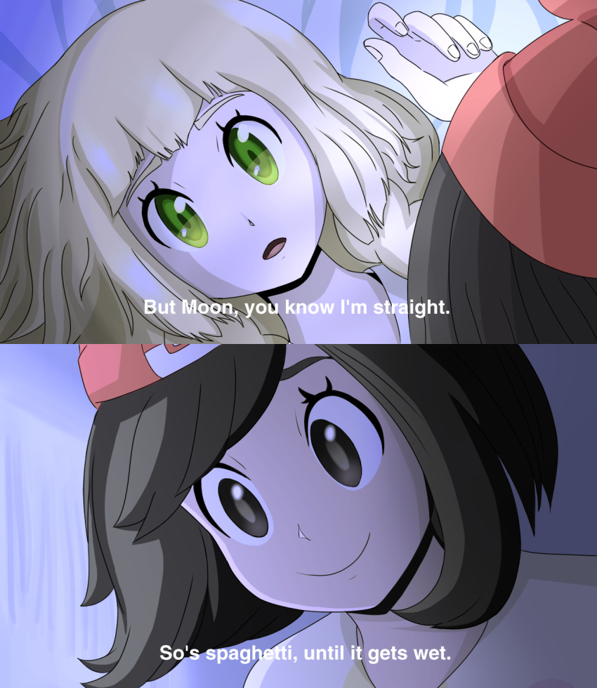 2girls, 2koma, black_eyes, black_hair, blonde_hair, comic, english, green_eyes, highres, kuzu_no_honkai, lillie_(pokemon), lying, mizuki_(pokemon_sm), multiple_girls, nocunoct, on_back, parody, pokemon, pokemon_(game), pokemon_sm, replaceme, revision, subtitled, you_gonna_get_raped, yuri
