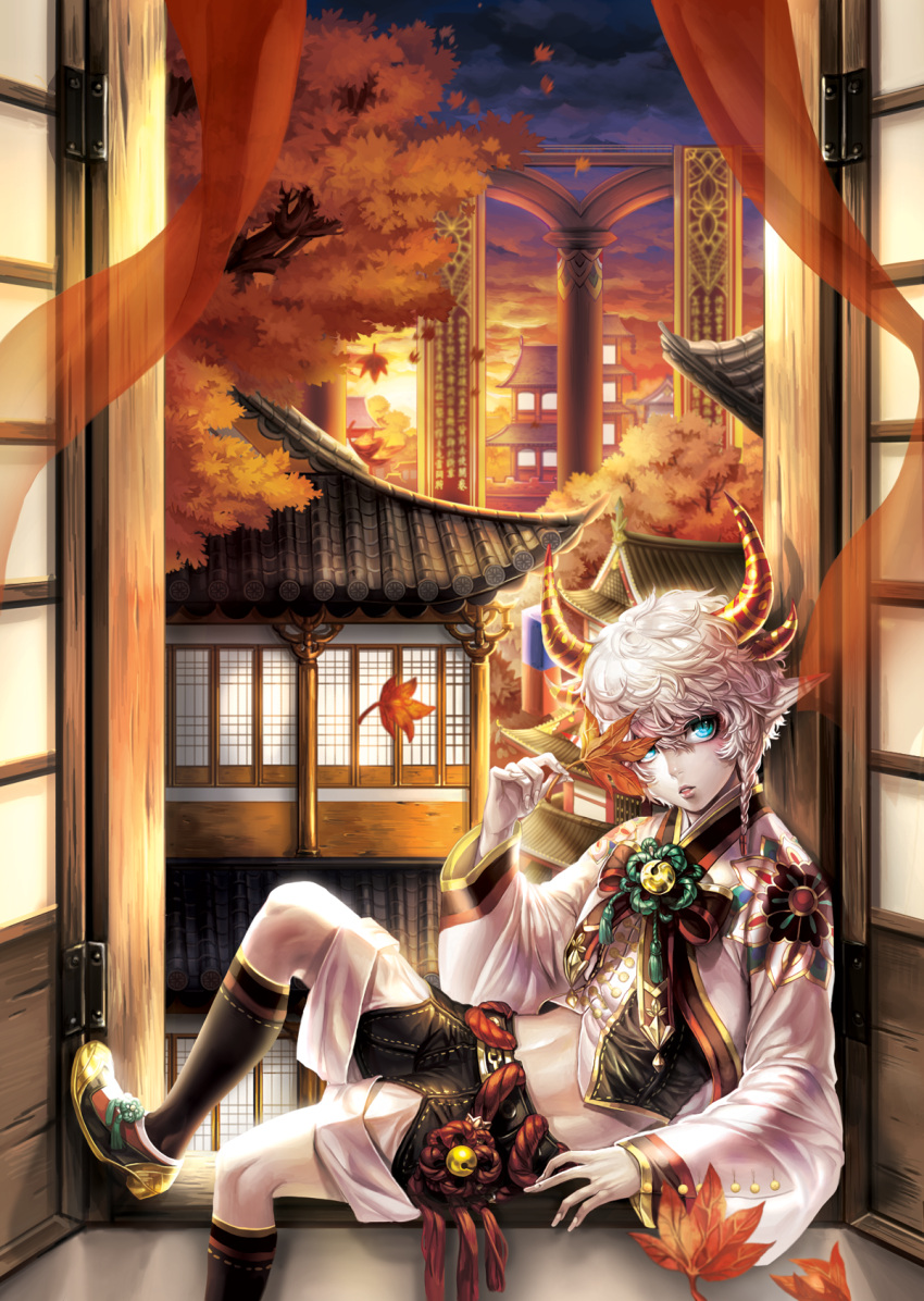 1boy, against_window, architecture, autumn_leaves, bangs, banner, black_legwear, black_ribbon, black_shorts, blowing_leaves, blue_eyes, box_(hotpppink), braid, buttons, clouds, cloudy_sky, commentary_request, demon_boy, demon_horns, east_asian_architecture, fingernails, from_side, gradient_sky, hair_between_eyes, highres, holding, holding_leaf, horns, knee_up, kneehighs, leaf, long_sleeves, looking_away, looking_to_the_side, male_focus, maple_leaf, maple_tree, midriff, motion_blur, navel, original, parted_lips, pointy_ears, ribbon, scenery, sharp_fingernails, shorts, shouji, side_braid, sitting, sky, sliding_doors, slit_pupils, solo, sunset, tassel, tree, white_hair, white_skin, wind, windowsill