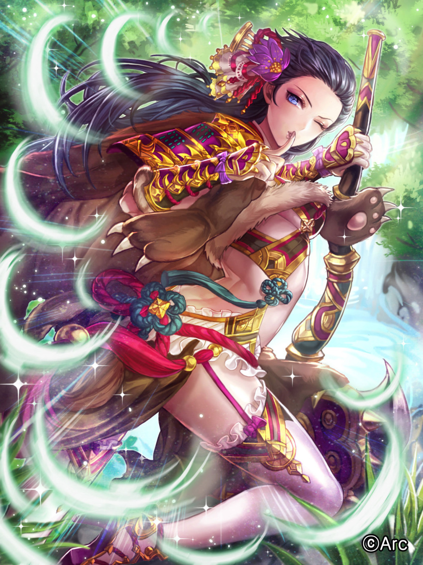 1girl, arched_back, armor, axe, bear_pelt, bikini_armor, black_bikini_top, black_hair