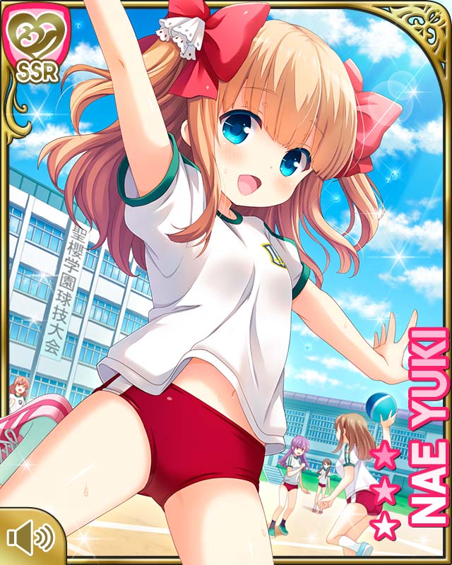 5girls, ass, ball, blue_eyes, blush, brown_hair, building, buruma