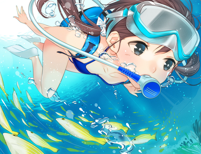 1girl, air_bubble, ama_mitsuki, bangs, bikini, blue_bikini, blush, breasts