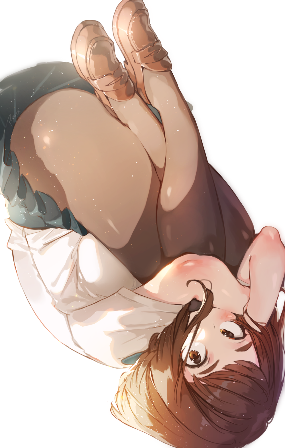 1girl, bob_cut, boku_no_hero_academia, brown_eyes, brown_hair, brown_shoes, hair_over_mouth, hakura_kusa