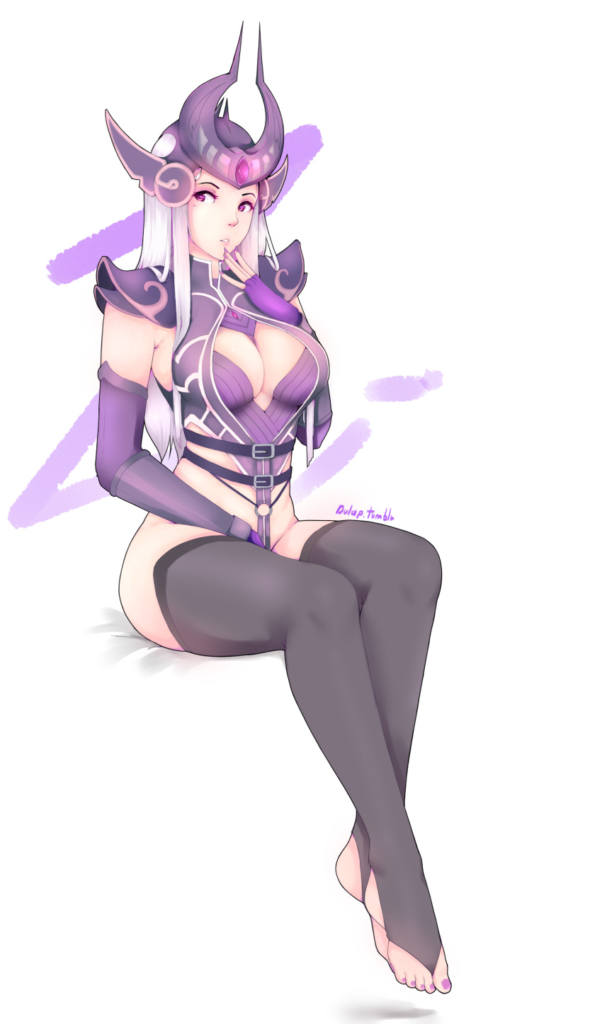 1girl, armor, artist_name, between_legs, black_legwear, blush, breasts, cleavage, dulapda, ear_protection, feet, fingers_to_mouth, forehead_jewel, forehead_protector, full_body, gloves, hand_between_legs, helmet, highres, large_breasts, league_of_legends, long_hair, looking_at_viewer, nail_polish, parted_lips, pauldrons, purple_nails, side_glance, signature, silver_hair, simple_background, solo, syndra, thigh-highs, toenail_polish, toes, violet_eyes, white_background