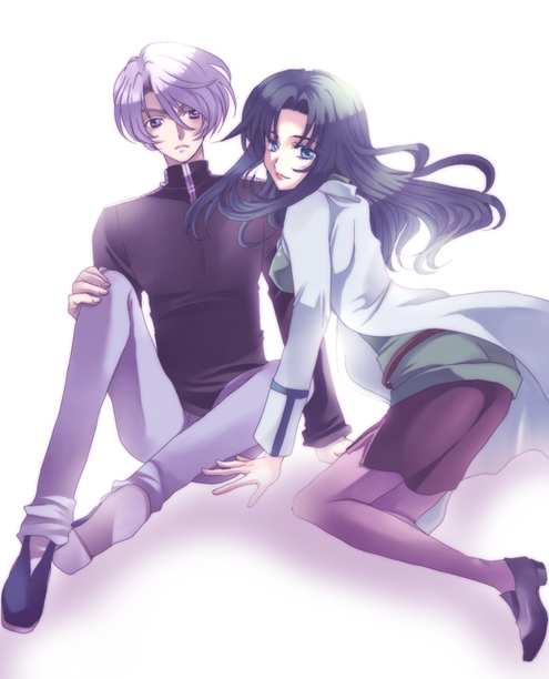 blue_eyes, casual, green_hair, gundam, gundam_seed, gundam_seed_c.e._73:_stargazer, kanasono, kneeling, labcoat, long_hair, monochrome, pantyhose, selene_mcgriff, sitting, skirt, sven_cal_bayan