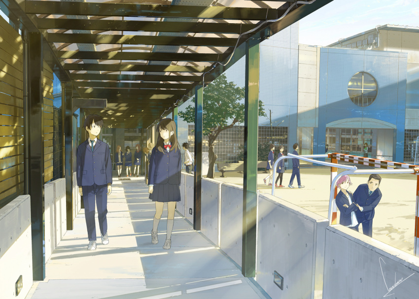 6+boys, 6+girls, bench, black_eyes, black_hair, black_legwear, blue_necktie, blue_skirt
