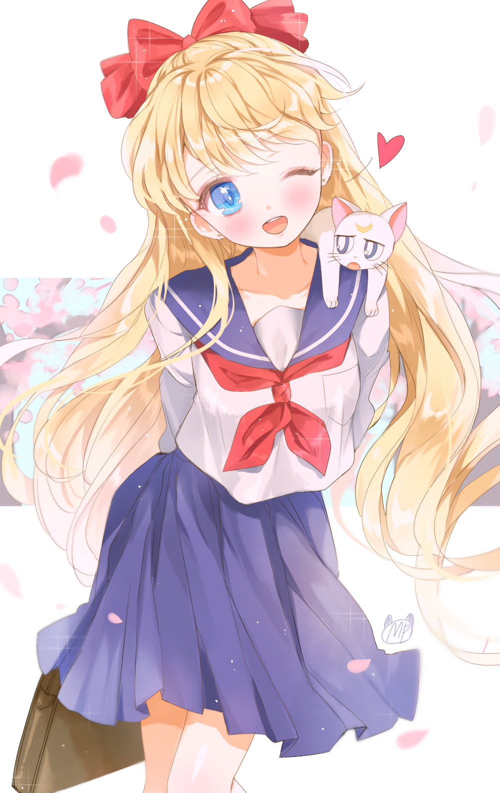 1girl, ;d, aino_minako, animal, animal_on_shoulder, arms_behind_back, artemis_(sailor_moon), bishoujo_senshi_sailor_moon, blonde_hair, blue_eyes, blue_sailor_collar, blue_skirt, blush, bow, cat, cat_on_shoulder, cowboy_shot, hair_bow, heart, highres, long_hair, mp_(h_mirus), neckerchief, one_eye_closed, open_mouth, red_bow, red_neckerchief, school_uniform, serafuku, shiba_koen_middle_school_uniform, skirt, smile, white_cat