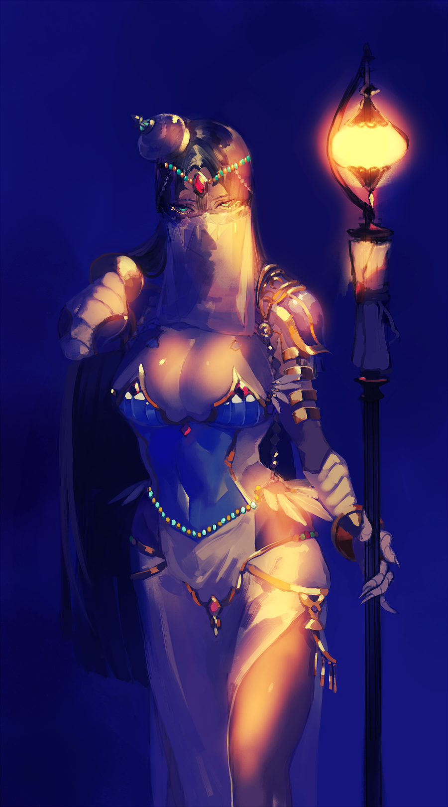 1girl, bandaged_arms, black_hair, breasts, caster_of_the_nocturnal_castle, commentary_request, covered_navel, dark_skin