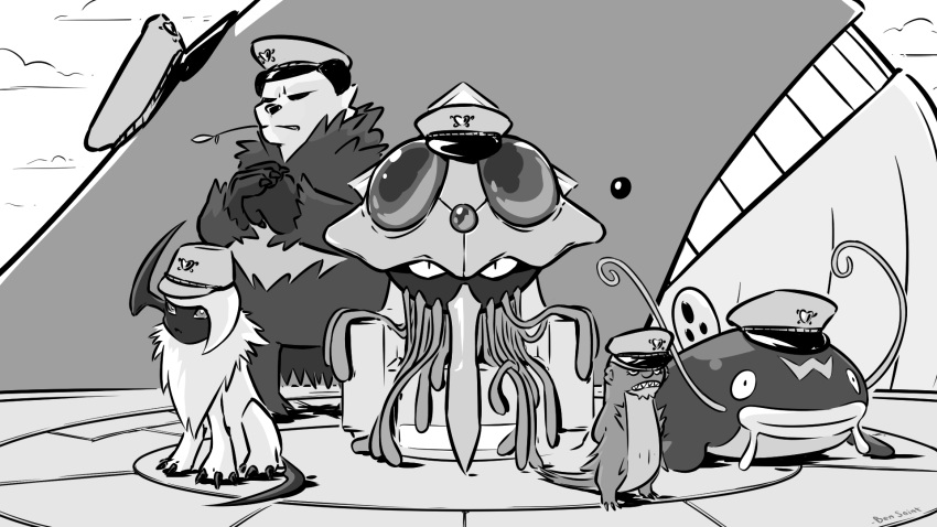 absol, artist_signature, ben_saint, chair, clouds, cracking_knuckles, greyscale, gumshoos, hat, heart, highres, jellyfish, looking_at_viewer, monochrome, no_humans, panda, pangoro, pokemon, pokemon_(creature), pokemon_(game), pokemon_sm, size_difference, tail, teeth, tentacruel, throne, wailord, whiscash, white_hair