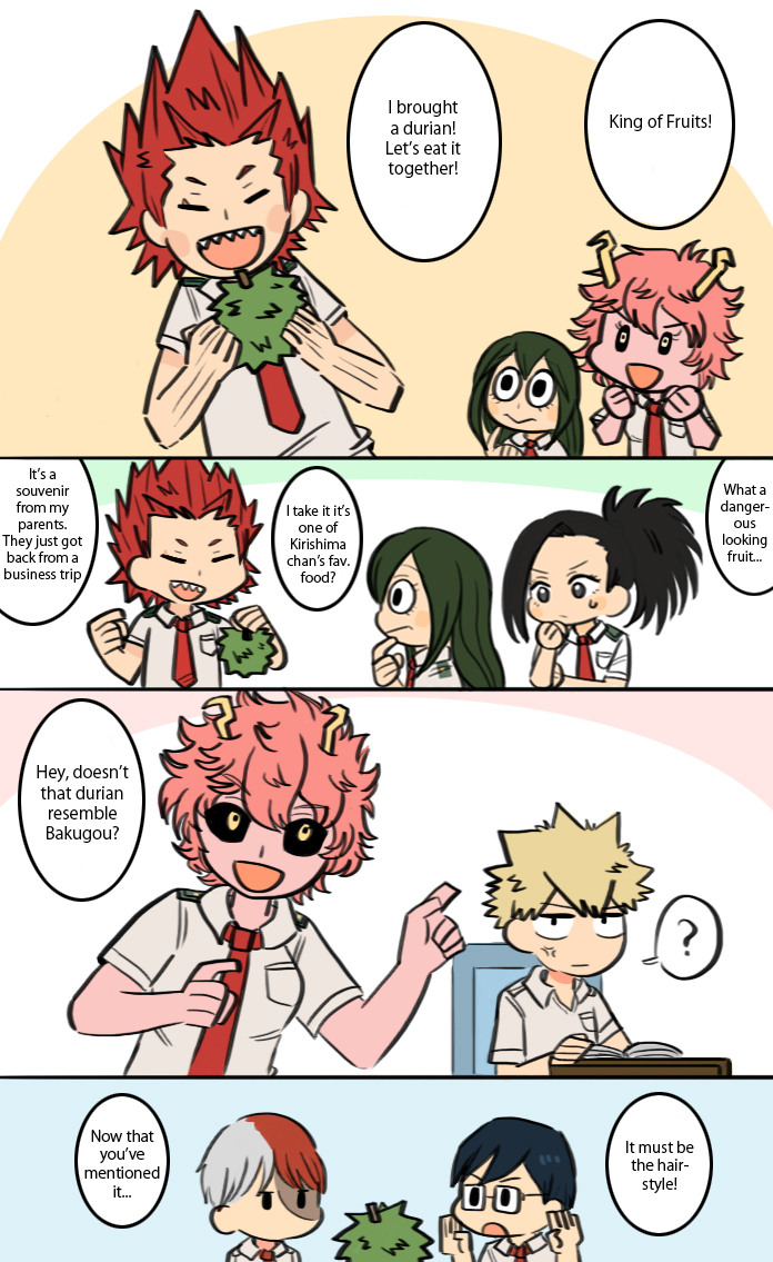 ashido_mina, asui_tsuyu, bakugou_katsuki, boku_no_hero_academia, comic, durian, english, food