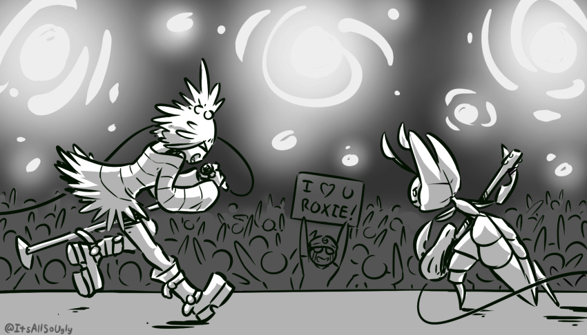 1boy, 1girl, audience, ben_saint, boots, concert, electric_guitar, guitar, hair_bobbles, hair_ornament, heart, highres, homika_(pokemon), instrument, leavanny, microphone, monochrome, music, open_mouth, pokemon, pokemon_(creature), pokemon_(game), pokemon_bw2, shirt, sign, singing, smile, spotlight, stage, striped, striped_shirt, text, topknot, twitter_username