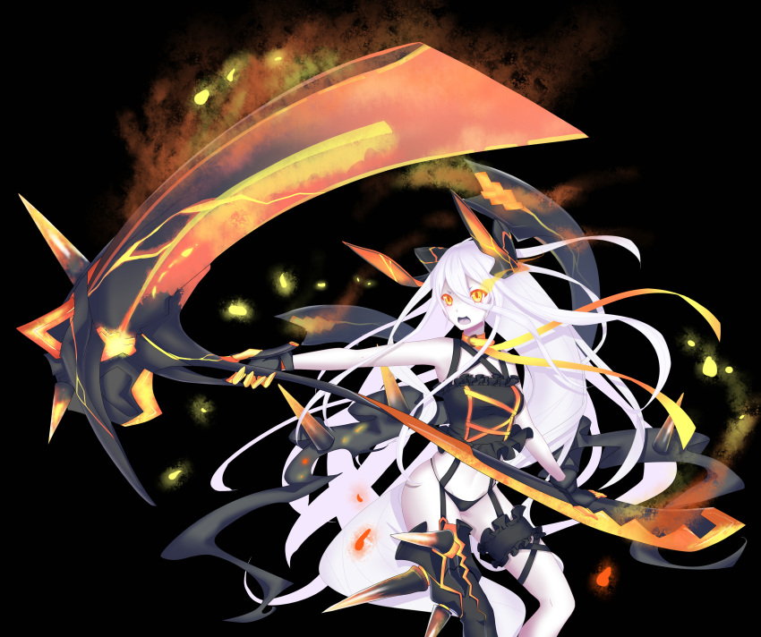 1girl, absurdres, black_background, black_bikini_bottom, black_boots, black_vest, boots, camisole, contrapposto, enemy_zuikaku_(zhan_jian_shao_nyu), eyelashes, fighting_stance, floating_hair, frilled_vest, gloves, glowing, glowing_eyes, glowing_weapon, hair_between_eyes, highres, holding, holding_scythe, holding_weapon, horns, huge_weapon, leg_garter, long_hair, looking_away, multicolored, multicolored_clothes, multicolored_gloves, neck_ribbon, open_mouth, orange_eyes, orange_ribbon, outstretched_arm, ribbon, scythe, single_thigh_boot, solo, sorry_(4627156), spikes, strap, teeth, turning_head, two-handed, vest, weapon, white_hair, zhan_jian_shao_nyu