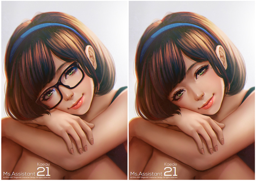 1girl, 2015, 2016, bangs, black-framed_eyewear, blue_hairband, brown_hair, character_name