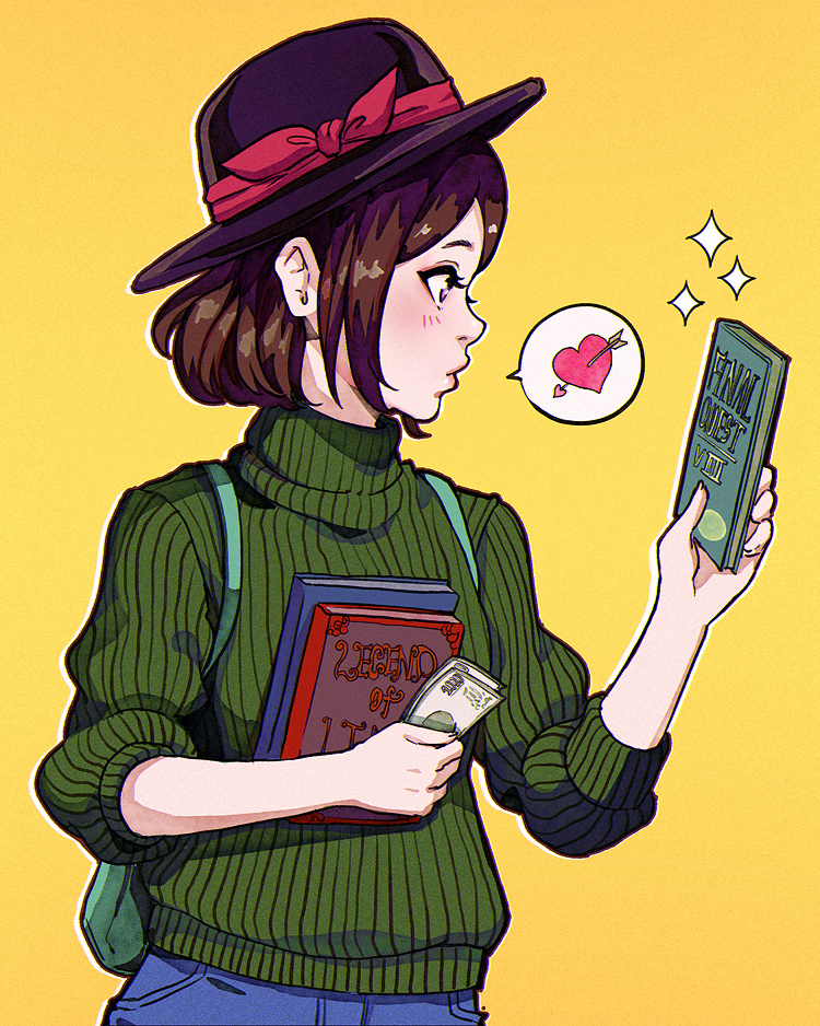 1girl, backpack, bag, black_hat, blue_pants, book, brown_hair, denim