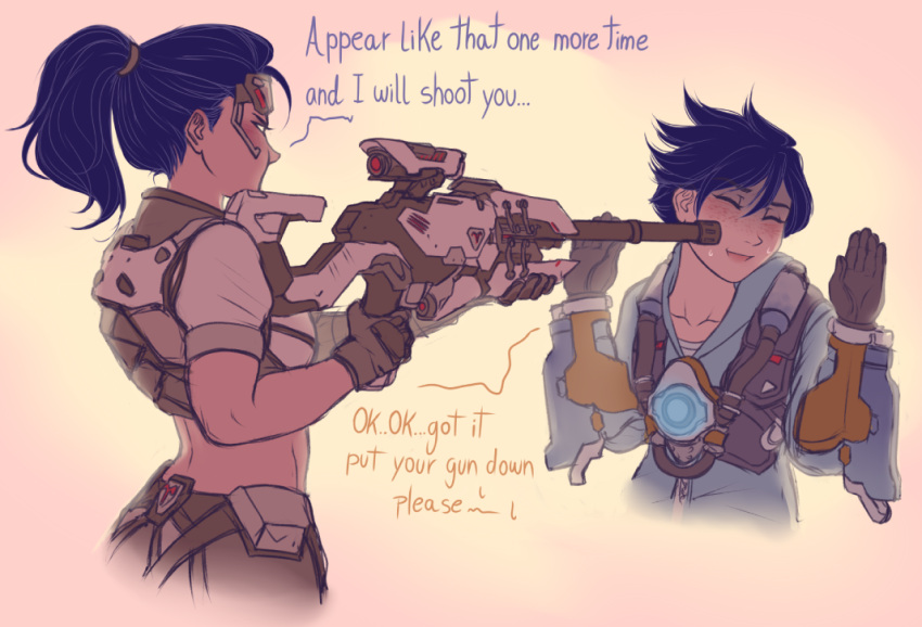2girls, blue_hair, closed_eyes, collarbone, english, gloves, graffiti_tracer, gun