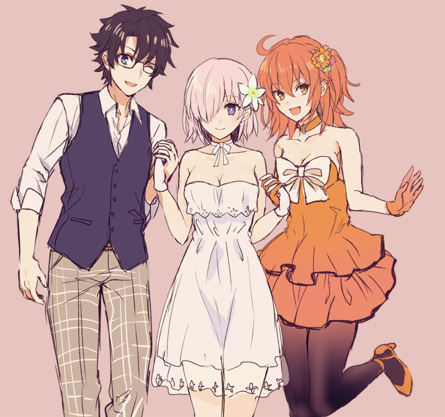 1boy, 2girls, :d, ahoge, alternate_costume, bespectacled, black_hair, blue_eyes, breasts, choker, cleavage, commentary_request, dress, fate/grand_order, fate_(series), flower, fujimaru_ritsuka_(female), fujimaru_ritsuka_(male), glasses, gloves, hair_flower, hair_ornament, hair_over_one_eye, hand_holding, interlocked_fingers, multiple_girls, neck_ribbon, one_eye_closed, open_mouth, orange_eyes, orange_hair, pantyhose, pink_background, plaid, plaid_legwear, purple_hair, ribbon, shidomura, shielder_(fate/grand_order), side_ponytail, smile, standing, standing_on_one_leg, vest, violet_eyes, white_dress