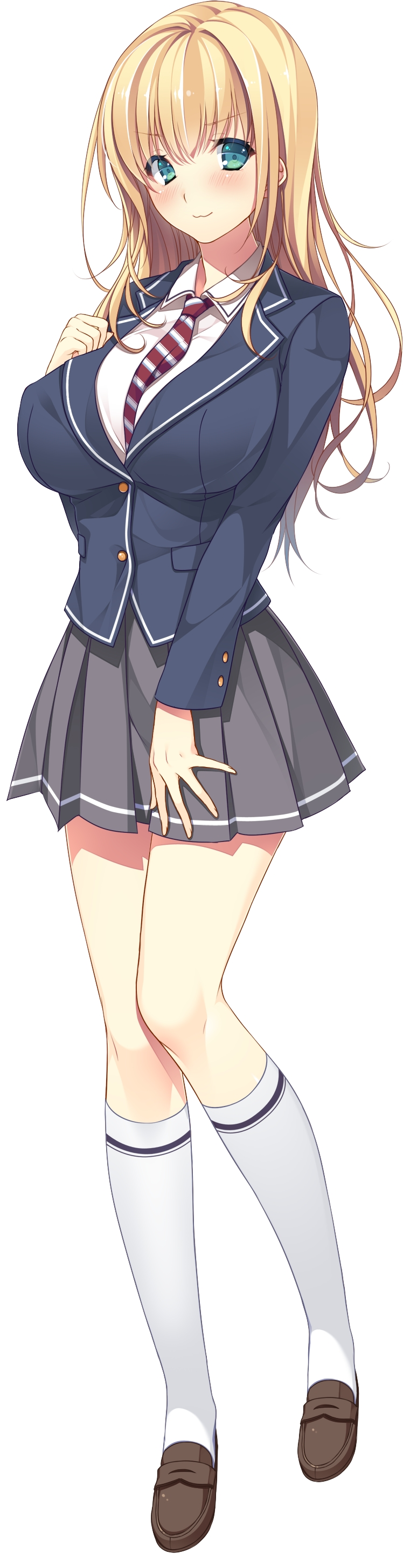 1girl, :3, absurdres, aqua_eyes, ayase_hazuki, blazer, blonde_hair, blue_eyes, blush, breasts, full_body, highres, jacket, kneehighs, large_breasts, loafers, long_hair, long_sleeves, looking_at_viewer, necktie, official_art, pleated_skirt, shoes, simple_background, skirt, solo, white_background, white_legwear, yaegashi_nene, zannen_na_ane_to_no_love_comedy