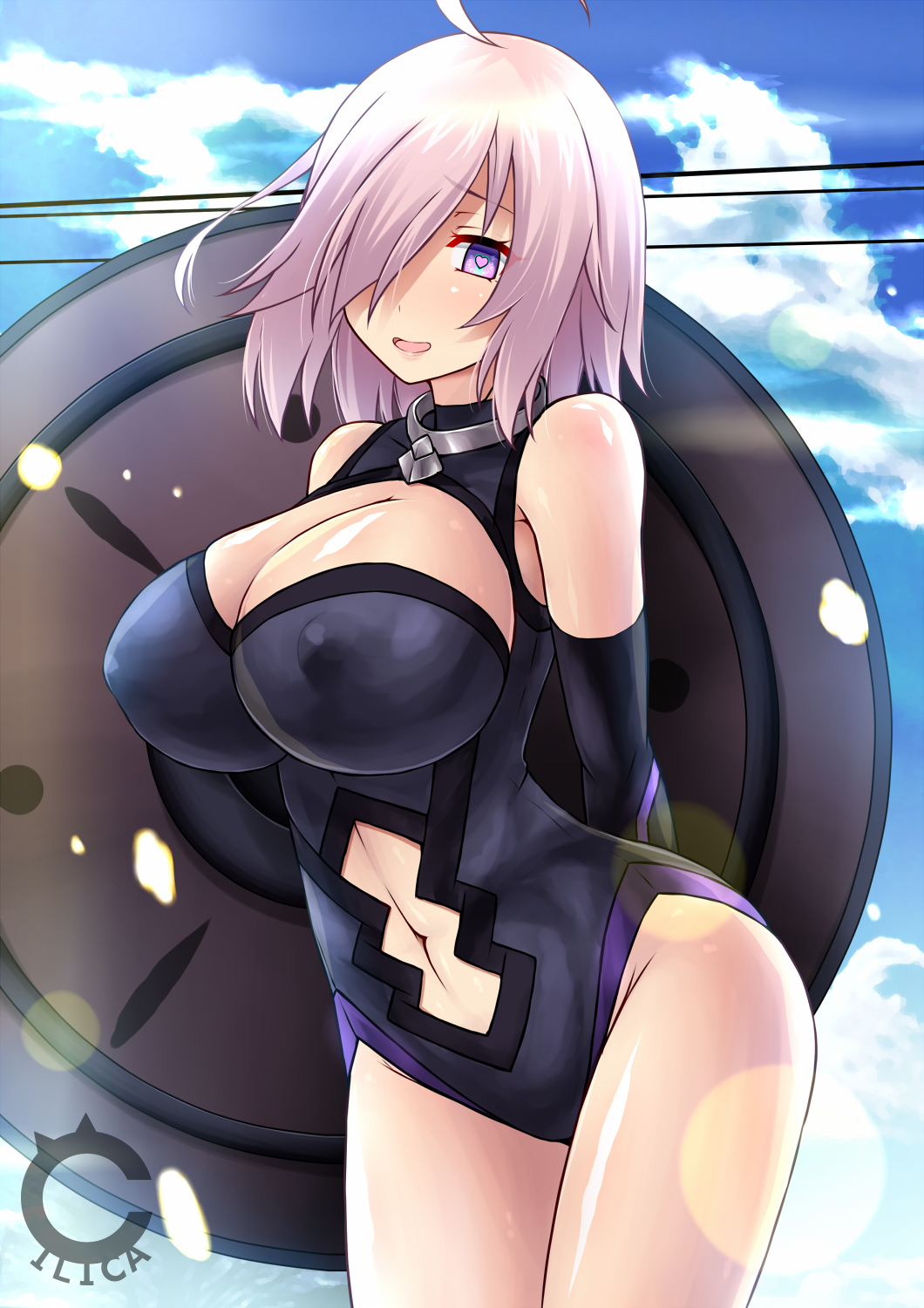 1girl, bare_shoulders, black_gloves, blush, breasts, cilica, cleavage, cleavage_cutout