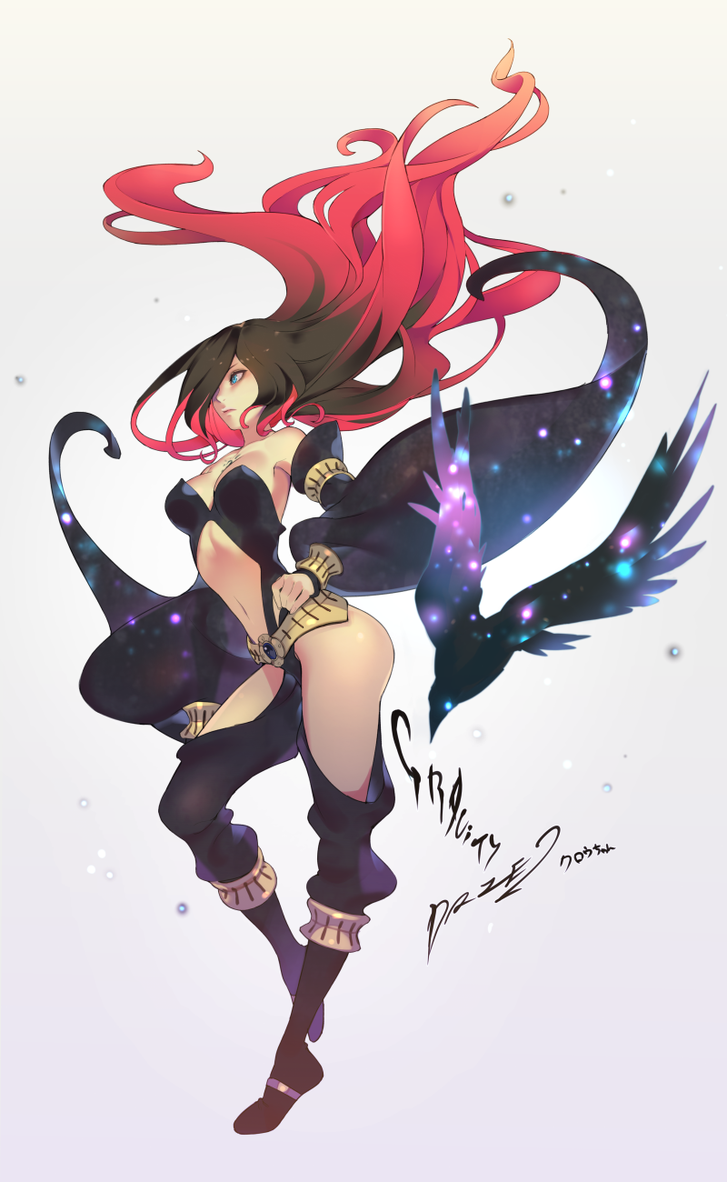 1girl, bare_shoulders, black_hair, blonde_hair, blue_eyes, breasts, crow_(gravity_daze), dark_skin