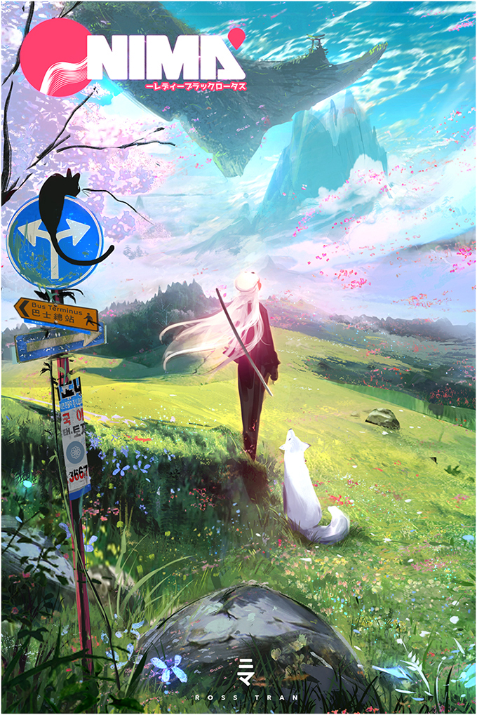 1girl, black_cat, cat, cherry_blossoms, commentary, fantasy, floating_island, from_behind
