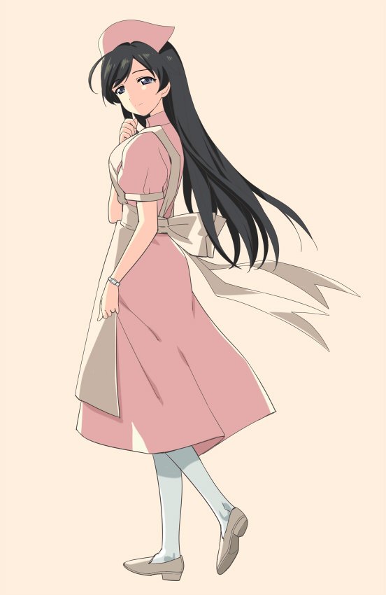 1girl, a1, ahoge, apron, bangs, beige_background, black_hair, blue_eyes