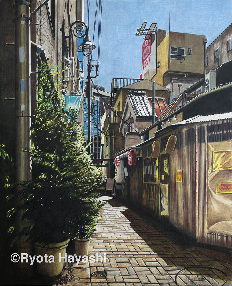alley, building, city, colored_pencil_(medium), commentary, dated, hayashi_ryouta, lamp
