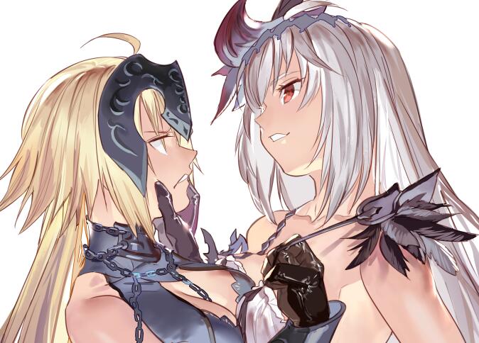 2girls, ahoge, angry, bare_shoulders, black_gloves, blonde_hair, breasts, chains