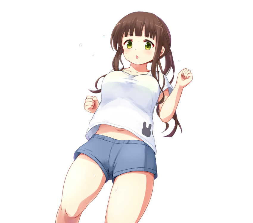 1girl, :o, alternate_costume, animal_print, bangs, blue_shorts, blunt_bangs, blush, breasts, brown_hair, bunny_print, clenched_hands, collarbone, commentary_request, cowboy_shot, dutch_angle, flying_sweatdrops, gochuumon_wa_usagi_desu_ka?, green_eyes, large_breasts, long_hair, looking_at_viewer, midriff_peek, navel, open_mouth, phantom2071, running, shirt, short_shorts, shorts, simple_background, solo, sweat, t-shirt, thighs, twintails, ujimatsu_chiya, white_background, white_shirt
