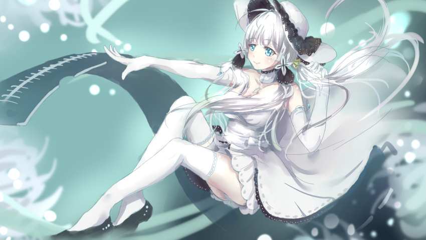 1girl, bilan_hangxian, blue_eyes, breasts, cleavage, detached_collar, dress, elbow_gloves