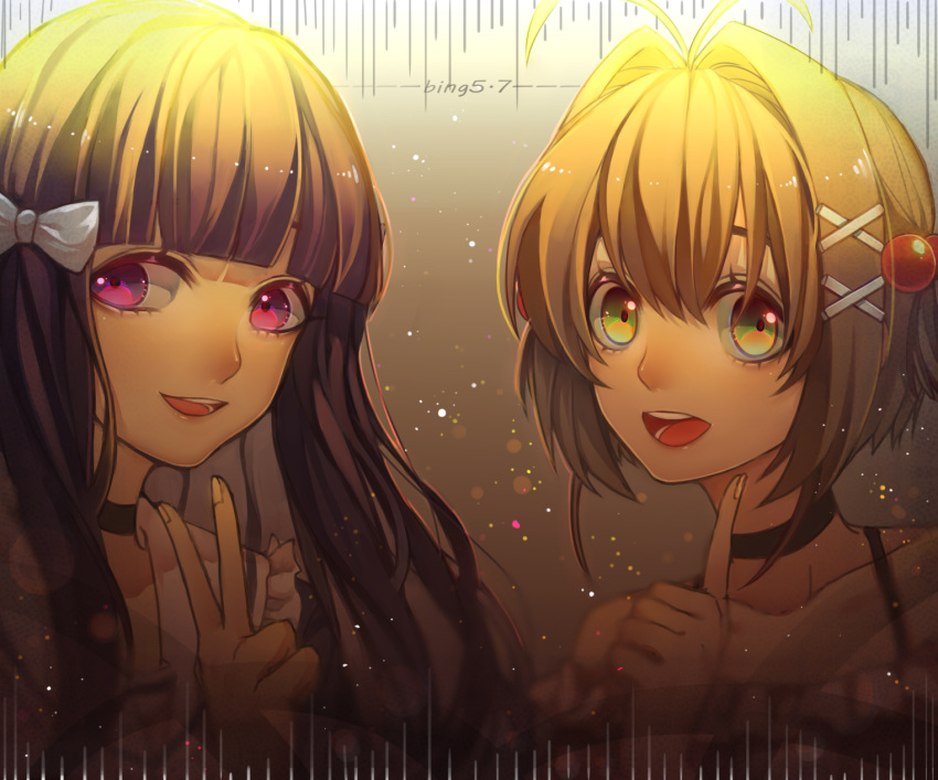 2girls, artist_name, bingbing, black_hair, blush, bow, brown_hair, card_captor_sakura