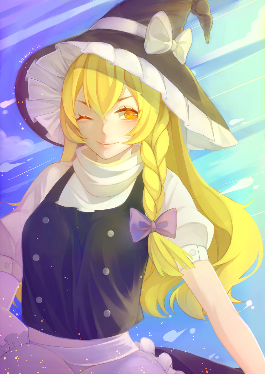 1girl, absurdres, bingbing, black_hat, blonde_hair, blush, bow, braid