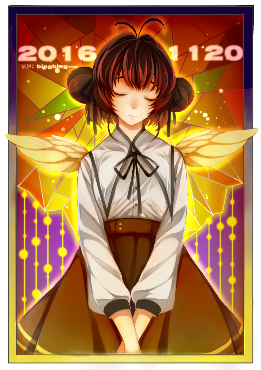 1girl, absurdres, ahoge, angel_wings, artist_name, bingbing, blush, brown_hair
