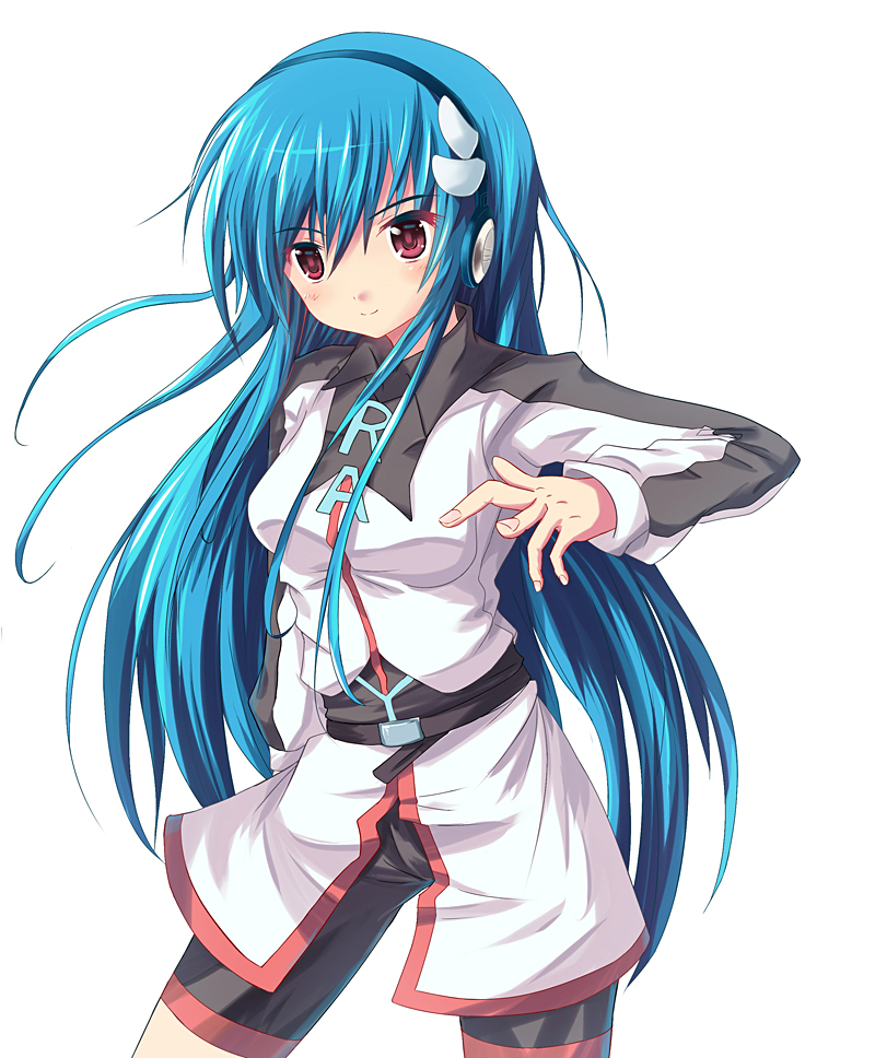 1girl, belt, bike_shorts, blue_hair, blush, eyebrows_visible_through_hair, headphones, long_hair