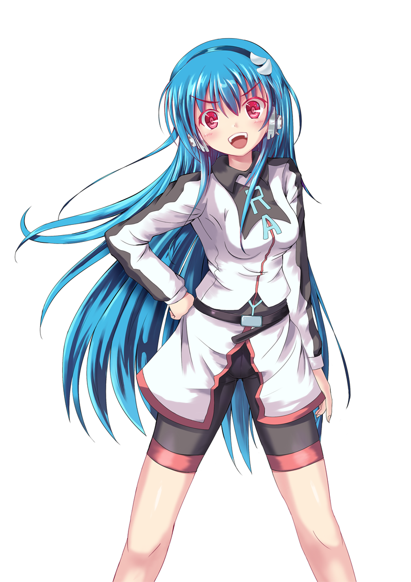 1girl, belt, bike_shorts, blue_hair, blush, eyebrows_visible_through_hair, glowing, glowing_eyes