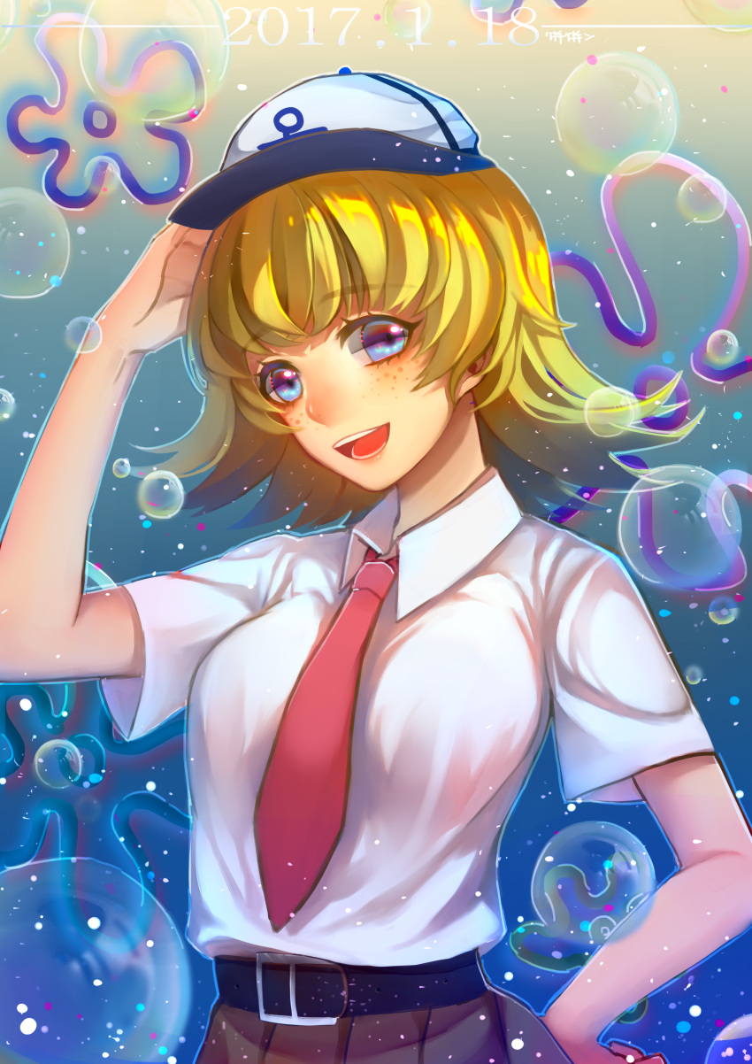 1girl, absurdres, adjusting_clothes, adjusting_hat, belt, bingbing, blonde_hair, blue_eyes, blush, breasts, brown_skirt, bubble, dated, eyebrows_visible_through_hair, freckles, hat, highres, looking_at_viewer, medium_breasts, necktie, open_mouth, personification, red_necktie, short_hair, short_sleeves, skirt, smile, solo, spongebob_squarepants, spongebob_squarepants_(character), upper_body, white_hat